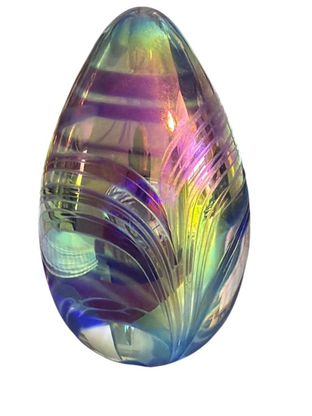 Vintage Glass Eye Studio GES Iridescent Egg Paperweight 1996 Blue Purple 3.5"